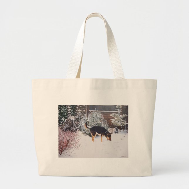 Winter snow scene with cute black and tan dog large tote bag (Front)
