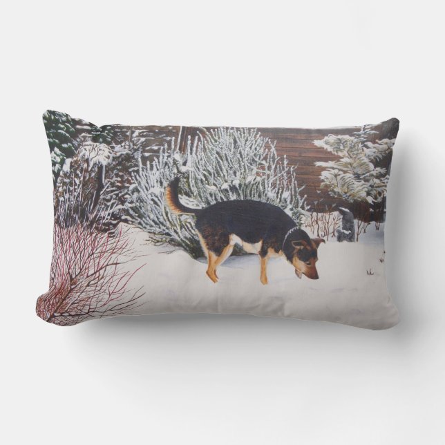 Winter snow scene with cute black and tan dog lumbar cushion (Front)