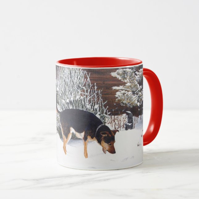 Winter snow scene with cute black and tan dog mug (Front Right)