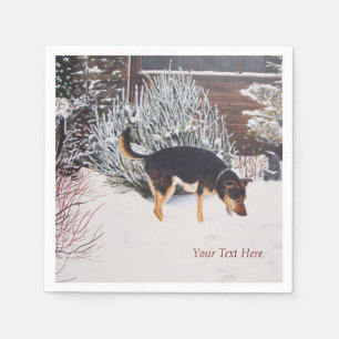 Winter snow scene with cute black and tan dog napkin
