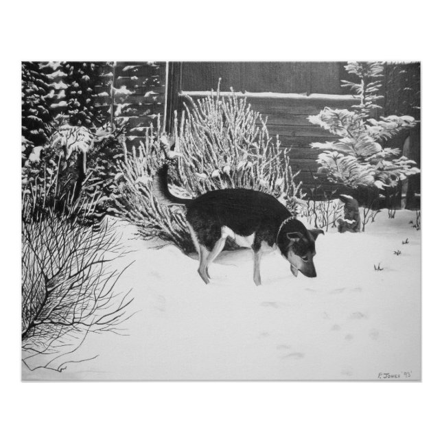 Winter snow scene with cute black and tan dog poster (Front)