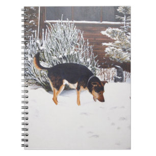 Winter snow scene with cute black and tan dog spiral notebook