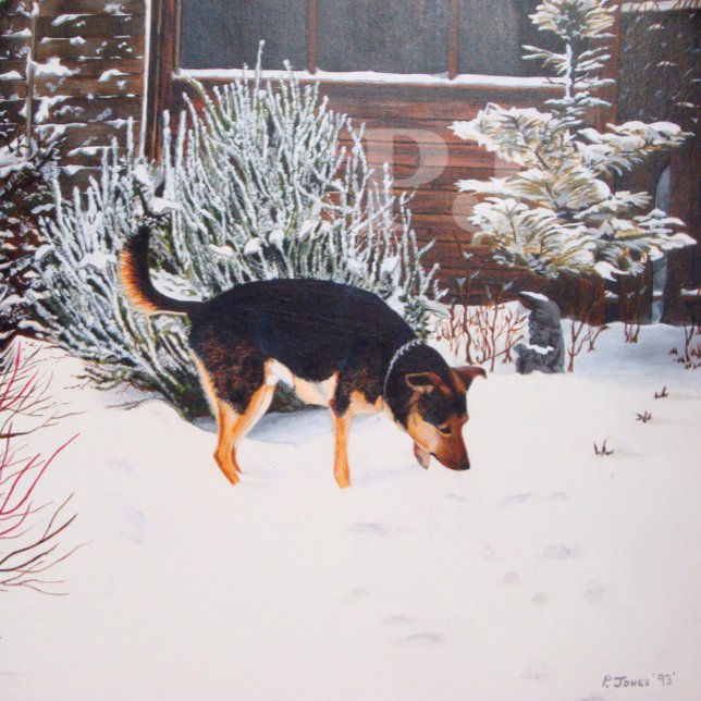 Winter snow scene with cute black and tan dog tea towel (Creator Uploaded)