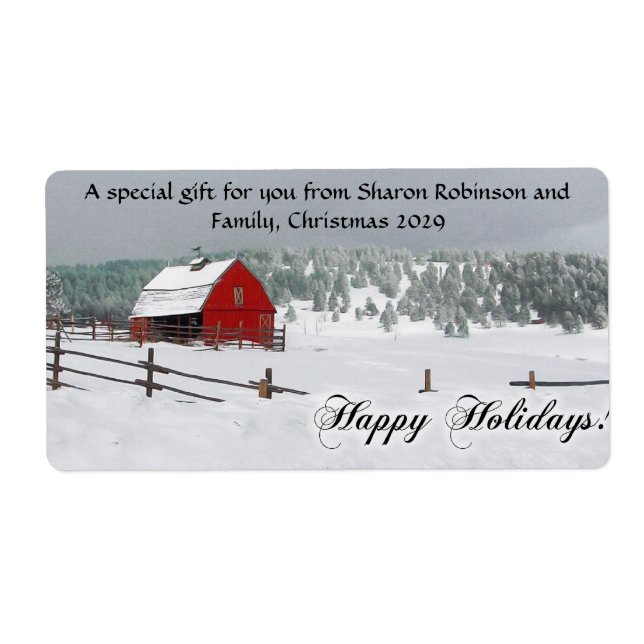 Winter Snow Scene with Red Barn, Happy Holidays (Front)