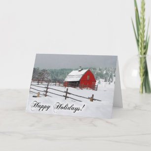 Winter Snow Scene with Red Barn, Happy Holidays Holiday Card
