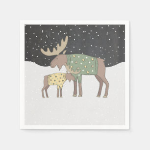 Winter snow Shower mama and baby moose napkins