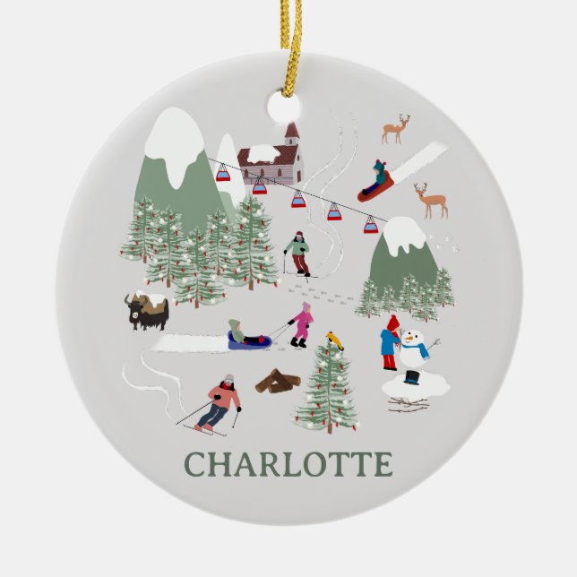 Winter Snow Skiing Mountain Ski Slopes Landscape Ceramic Tree Decoration (Front)