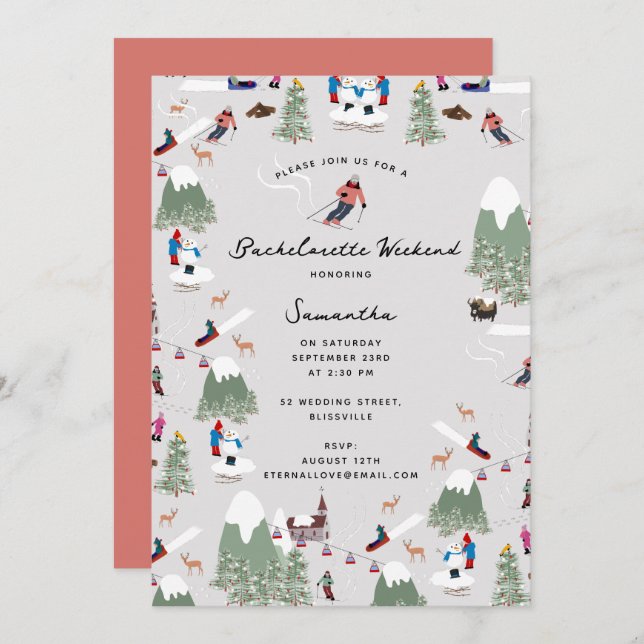 Winter Snow Skiing Ski Bachelorette Weekend Invitation (Front/Back)