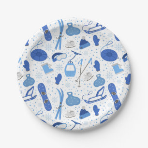 Winter Snow Sports Skiing Snowboarding Fun Pattern Paper Plate