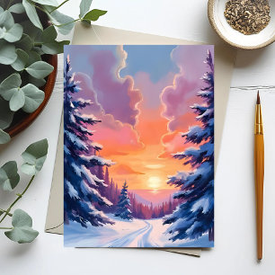 Winter Snow Sunset Watercolor Landscape Painting Postcard