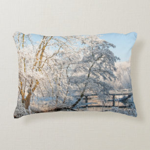 Winter Snow Trees River Creek Bridge Decorative Cushion