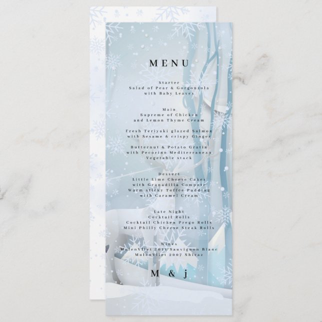Winter Snow Wedding Menu Card (Front/Back)