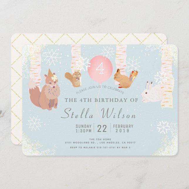 Winter Snow Woodland Animals Birthday Invitation (Front/Back)
