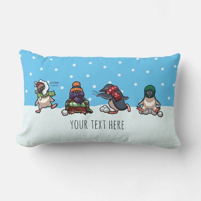 Winter Snowballing Penguins Christmas Cartoon Lumbar Cushion (Front)