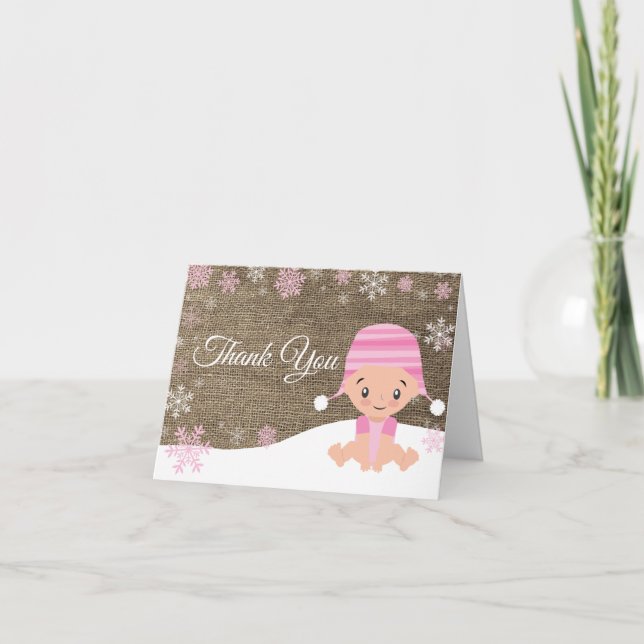Winter Snowflake Baby Girl Pink Burlap Thank You Card (Front)
