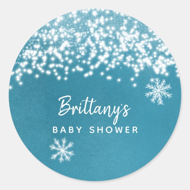 Winter Snowflake Baby Shower Blue Classic Round Sticker (Front)