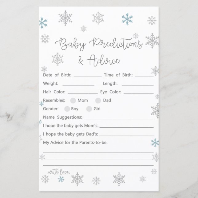 Winter Snowflake Baby Shower Game PRINTED (Front)