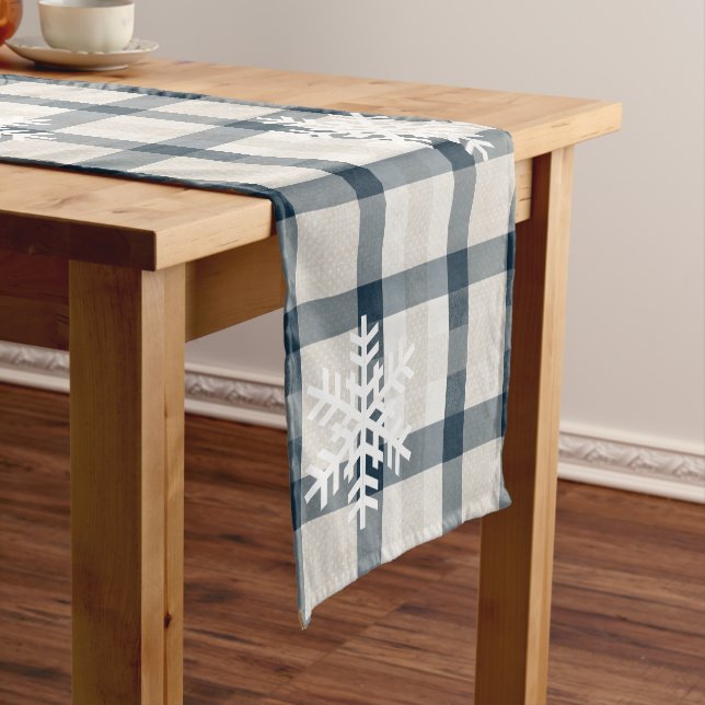 Winter Snowflake Blue Plaid Christmas Holiday Short Table Runner (In Situ)