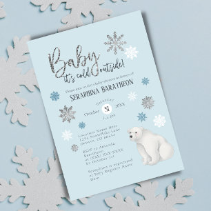 Winter Snowflake Blue Polar Bear Baby Shower Invitation