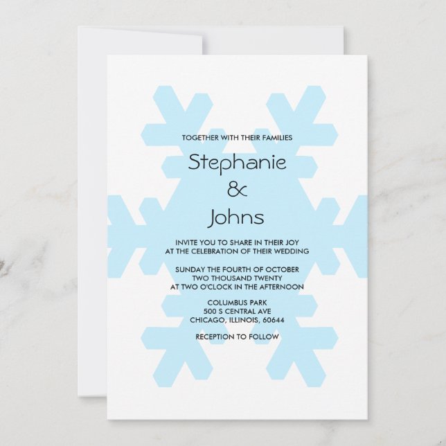Winter Snowflake Blue White Classy Elegant Wedding Invitation (Front)