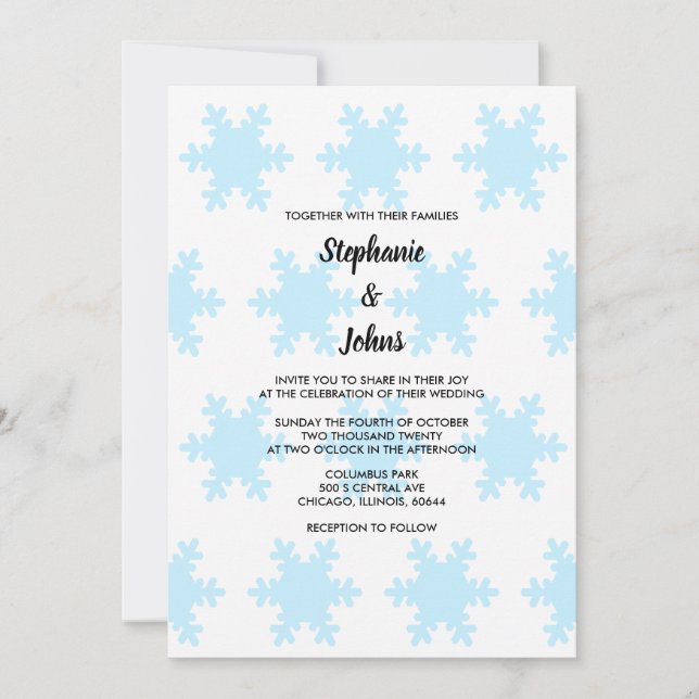 Winter Snowflake Blue White Elegant Trendy Wedding Invitation (Front)
