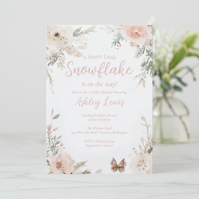 Winter Snowflake Blush Watercolor leaves Invitation (Standing Front)