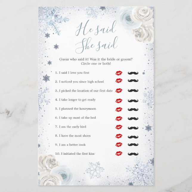 Winter Snowflake Bridal Shower He Said She Said (Front)