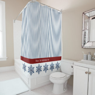 Winter Snowflake Decor with Stripes and Red Accent Shower Curtain