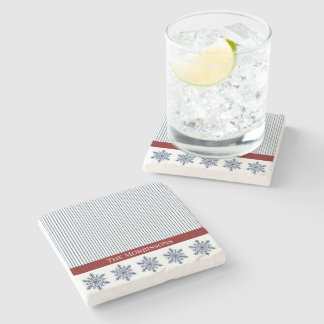Winter Snowflake Decor with Stripes and Red Accent Stone Coaster