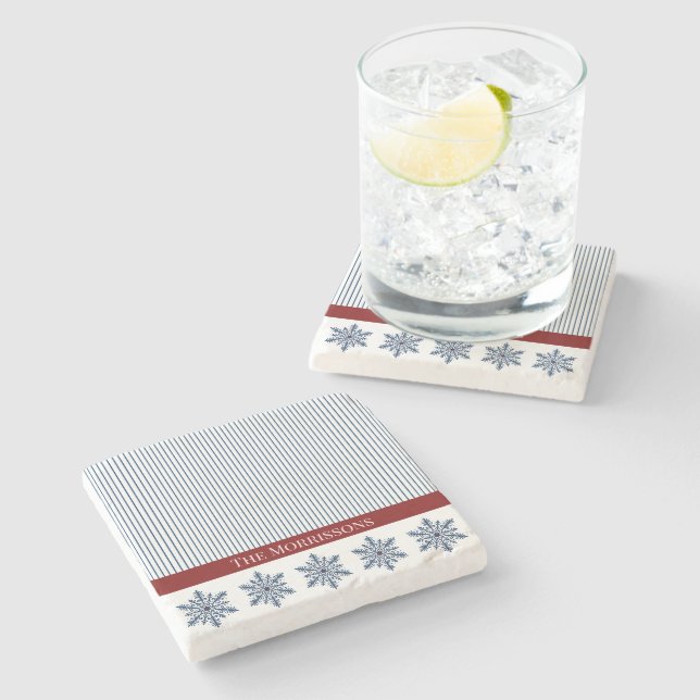 Winter Snowflake Decor with Stripes and Red Accent Stone Coaster (Side)