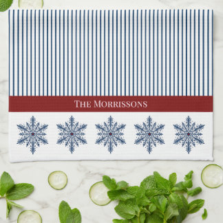 Winter Snowflake Decor with Stripes and Red Accent Tea Towel