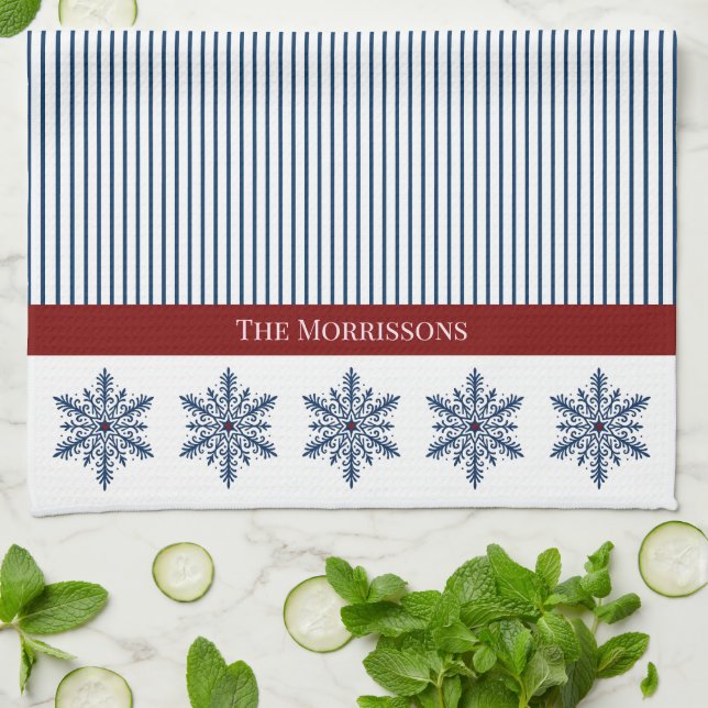 Winter Snowflake Decor with Stripes and Red Accent Tea Towel (Folded)
