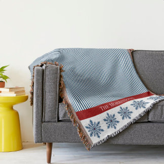 Winter Snowflake Decor with Stripes and Red Accent Throw Blanket