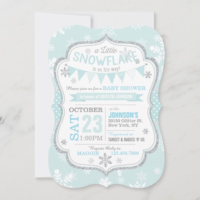 Winter Snowflake Glitter Baby Shower Invitations (Front)
