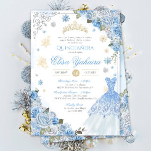 Winter Snowflake Ice Blue Gold Silver Quinceañera  Invitation