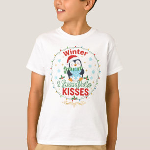 Winter & Snowflake Kisses Penguin Kids T-Shirt