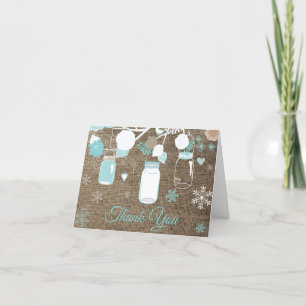 Winter Snowflake Mason Jar Teal Burlap Thank You Card