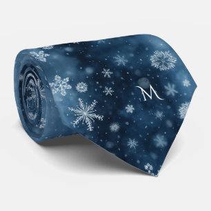 Winter Snowflake Midnight Blue Monogram Watercolor Tie