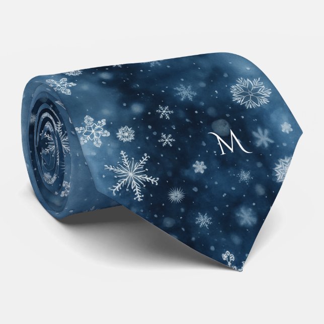 Winter Snowflake Midnight Blue Monogram Watercolor Tie (Rolled)