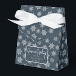 Winter Snowflake Navy Blue Holiday Greeting Favour Box<br><div class="desc">Navy blue favour box with ribbon bow and simple holiday greeting tag. Box is emblazoned with white and grey snowflakes of varying sizes. Perfect for party take-aways, host gifts, baked goods, and more. Design is available in a curated collection of modern holiday colours. Contact us for any customisations. Happy holidays!...</div>
