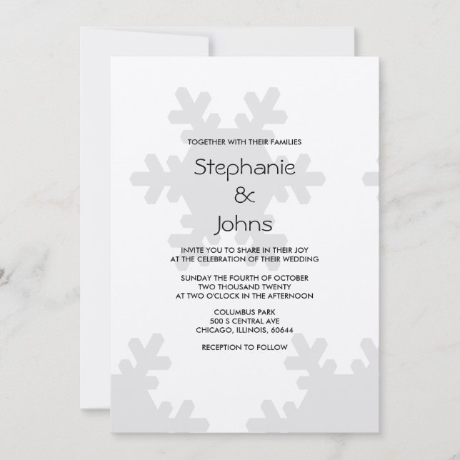 Winter Snowflake Pattern Grey White Silver Wedding Invitation (Front)