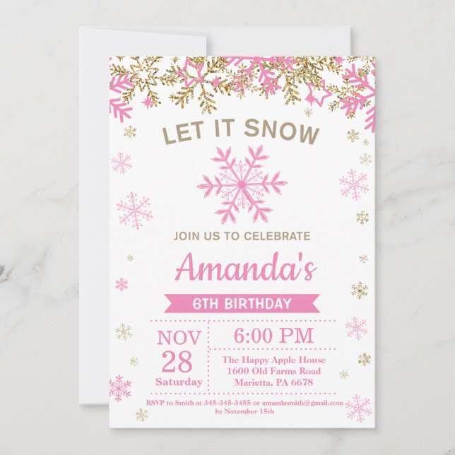 Winter Snowflake Pink and Gold Girl Birthday Invitation (Front)
