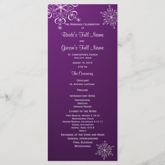 Winter Snowflake Purple Wedding Program Programme (Front)