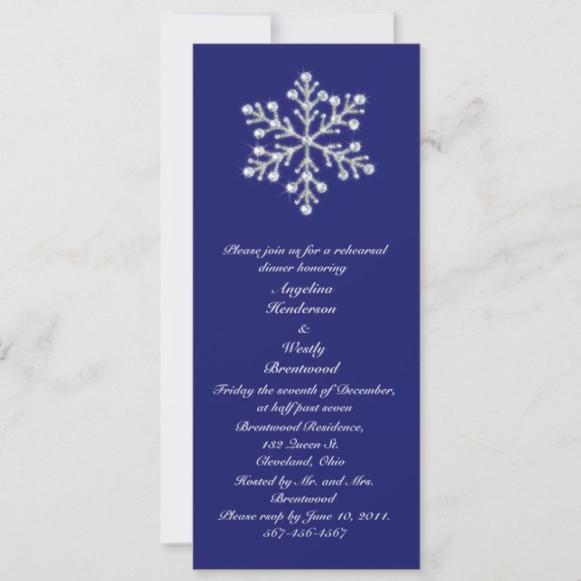 Winter Snowflake Rehearsal Dinner indigo Invitation (Front)