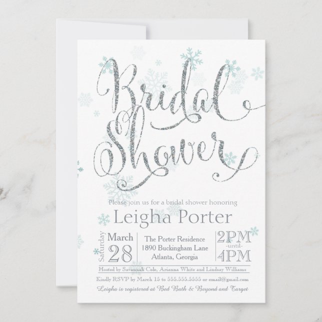 Winter Snowflake Silver Glitter Bridal Shower Invitation (Front)