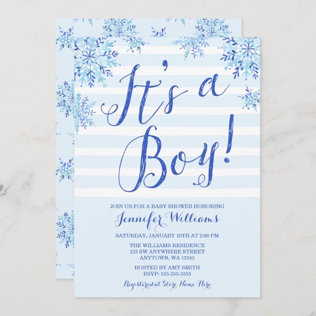 Winter Snowflake Stripes Boy Baby Shower Invites (Front/Back)