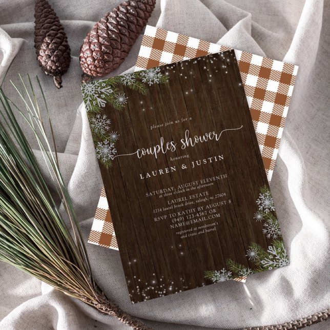 Winter Snowflake Tan Plaid Couples Bridal Shower Invitation (Creator Uploaded)