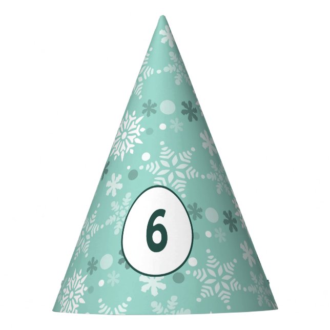  Winter Snowflake Turquoise-Blue 6th Birthday  Party Hat (Front)