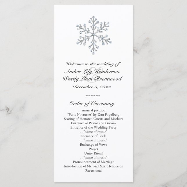 Winter Snowflake Wedding Program (white) Programme (Front)