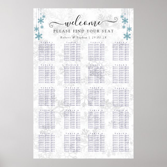 Winter Snowflake Wedding Seating Chart (Front)